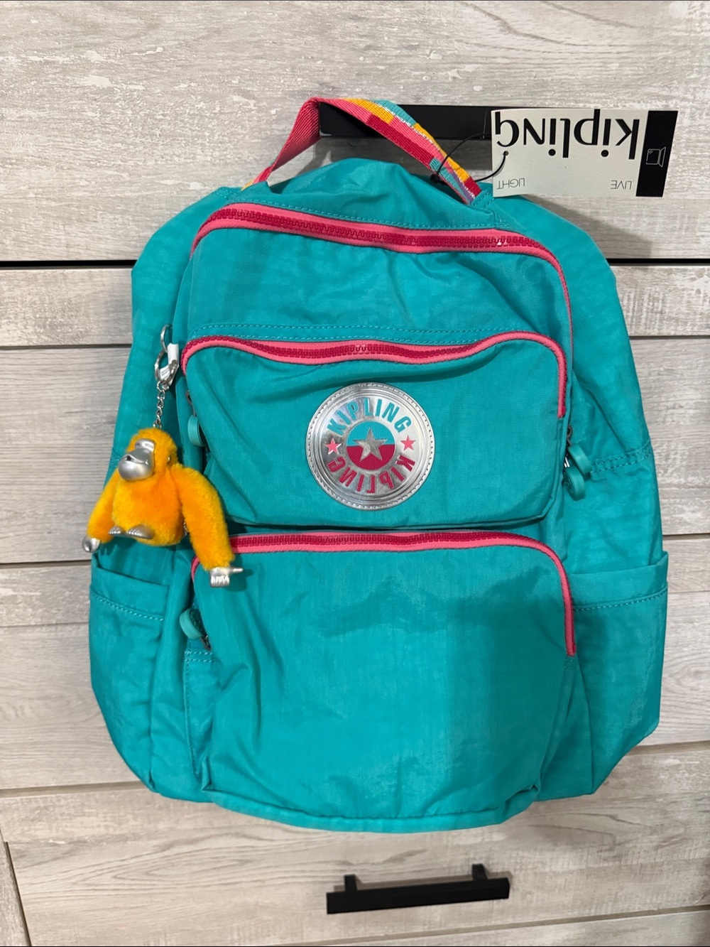 Kipling Teal Kids Backpack with Pink Trim and Yellow Monkey Charm